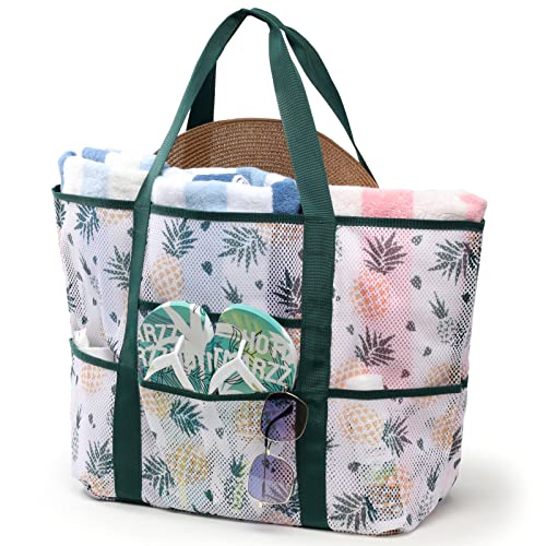 F-color Mesh Beach Bag Family - Large Tote Bag 9 Pockets for Swim Pool Toys Cruise Beach Vacation Essentials - color: Pineapple, size: Large with Mesh Bottom