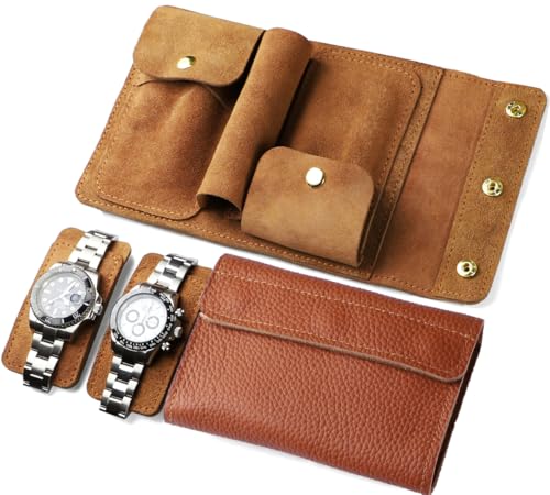 2 Slots Portable Travel Watch Box Full Leather Double Watch Case Pouch Watch Holder Organizer Storage Jewelry Wristwatch Roll Secure Storage Durable Easy Carry On Brown - color: 2 slots style brown 3
