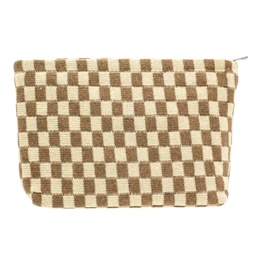 PAZIMIIK Knitted Checkered Makeup Bag Large Zipper Make Up Accessory Pouch for Purse Cosmetic Brush Bag for Travel Essential,Coffee - color: COFFEE, size: 1PCS FLAT POUCH