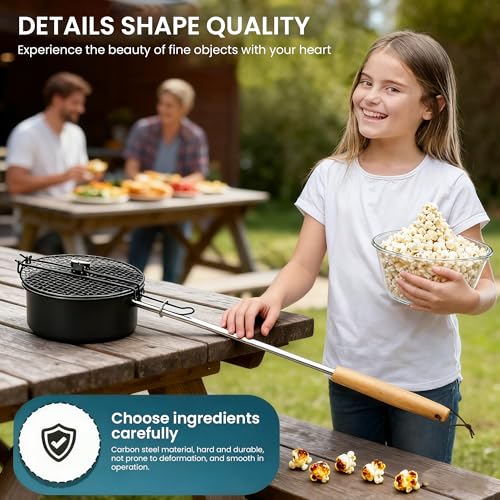 Portable outdoor camping pot, detachable long handle, popcorn pot, non-stick coating and mesh cover, portable and easy to store, black, stainless steel handle with wooden handle for heat resistance