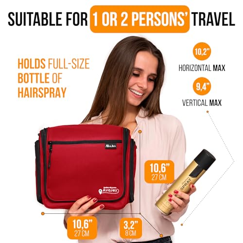 Travel Toiletry Bag for Men and Women - Large Hanging Toiletry Organizer - Waterproof Hygiene Bag with Metal XXL Swivel Hook, with Sturdy Zippers and 19 Compartments for Toiletries, Makeup, Cosmetics - color: L Crimson Red