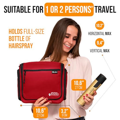 Travel Toiletry Bag for Men and Women - Large Hanging Toiletry Organizer - Waterproof Hygiene Bag with Metal XXL Swivel Hook, with Sturdy Zippers and 19 Compartments for Toiletries, Makeup, Cosmetics - color: L Crimson Red