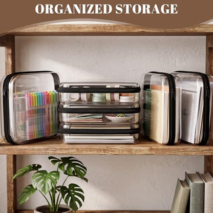 12 Pack Clear Hard Shell Zipper Case with 40 Labels, X-Large/Medium/Small Stackable Clear Pouches, Crush-resistant Travel Toiletry Bag Organizer for Makeup Board Games Electronics (Black)
