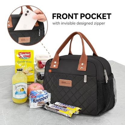 HOMESPON Insulated Lunch Bag for Women Men Adults Lunch Tote with Front Pocket Lunch Box Container Cooler Bag for Work Picnic (Black with Side Pockets) - color: Black (Side Pockets)