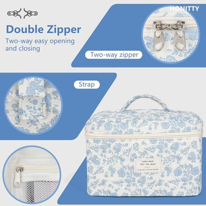 Makeup Bag,Quilted Cosmetic Bag,Large Floral Make Up Bag for Women,Cotton Makeup Bag Set,Flower Travel Toiletry Bag - color: Blue-White