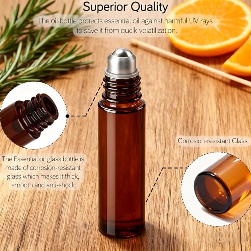 PrettyCare Set of 120, Bulk 10 ml Essential Oil Roller Bottles with Stainless Steel Roller Ball - Refillable Leak-proof Empty Thick Amber Glass Roll on Bottles with Golden Caps for Travel, Perfume - color: Amber with Golden Cap, size: 120 Pack