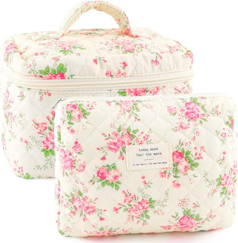 URSKYTOUS 2Pcs Cotton Quilted Makeup Bag for Women Extra Large Small Travel Cosmetic Bag Set Cute Pink Floral Print Makeup Pouch Portable Toiletry Bag Organizer Coquette Vintage Puffy Travel Essential - color: RI 2Pcs Pink