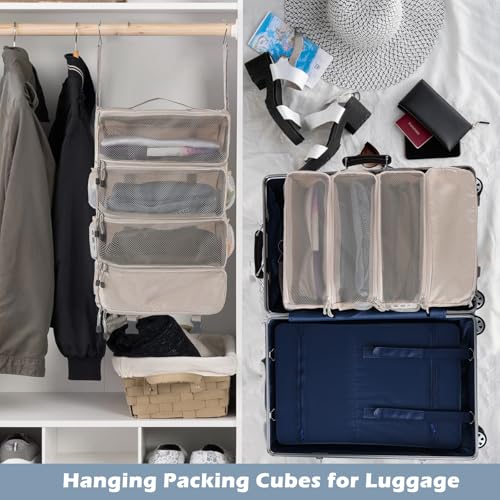 Surblue Hanging Travel Organizer Portable Hanging Luggage Organizer Multiple Compartments Collapsible Compression Closet Packing Cubes,Beige,M - color: Beige, size: Medium