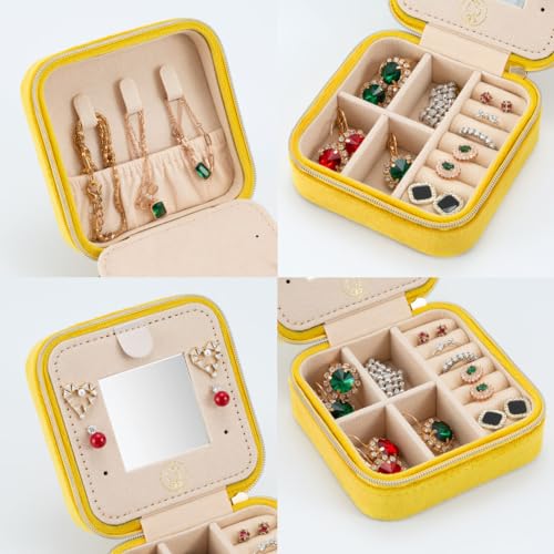 ZPROW Plush Velvet Travel Jewelry Case, Organizer, Box, Small Case for Women, Earring Organizer with Mirror, Best Gifts For Daughter, Girlfriend, Mom | Gifts For Her - Yellow - color: Velvet 1 Pack - Yellow