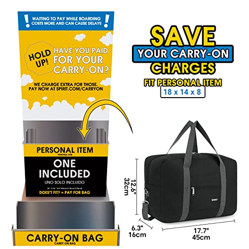 For Spirit Airlines Personal Item Bag Foldable Travel Duffel Bag Tote Carry on Luggage Duffle Overnight for Women and Men - color: 3112-Thick Series Black (with Shoulder Strap)