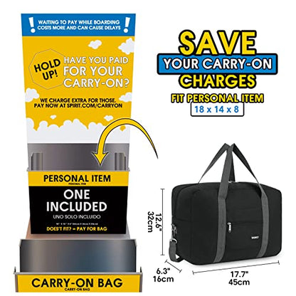 For Spirit Airlines Personal Item Bag Foldable Travel Duffel Bag Tote Carry on Luggage Duffle Overnight for Women and Men - color: 3112-Thick Series Black (with Shoulder Strap)