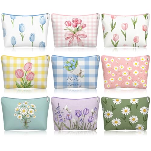 Sanwuta 9 Pcs Flower Canvas Makeup Bags Bulk Floral Cosmetic Bags 8.7" x 6" Spring Daisy Tulip Toiletry Pouch Small Cute Travel Purse with Zipper Portable Organizer Mother Day Gift for Women Friend - style: Spring Flower