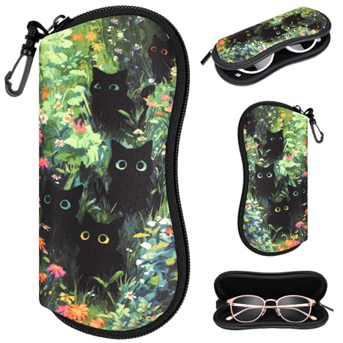 Sunglasses Case with Belt Clip, Ultra Light Neoprene Zipper Soft Padded Glasses Case for Women Men - color: Black Cats