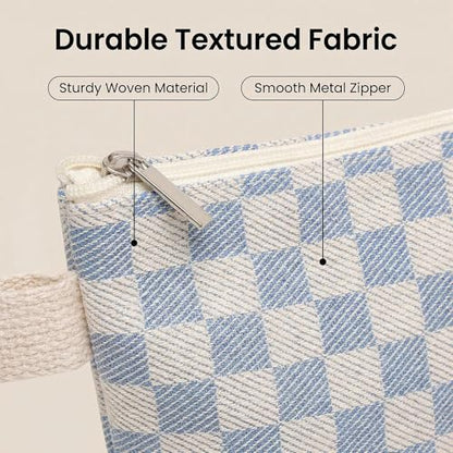 3 Pcs Canvas Makeup Bag Set Checkered Cosmetic Pouch for Women Travel Toiletry Bag Cute Makeup Organizer Purse Pouch Preppy Pencil Case with Zipper (Checkered Blue) - color: Checkered Blue