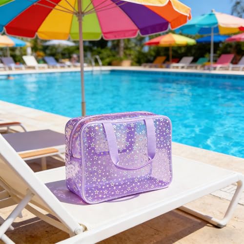 Clear Star Large Cosmetic Bag and Travel Pouch with Handle,Durable Material,Zipper Design-Ideal for Makeup,Travel Essentials (Purple+Shiny Star) - color: Purple+Shiny Star