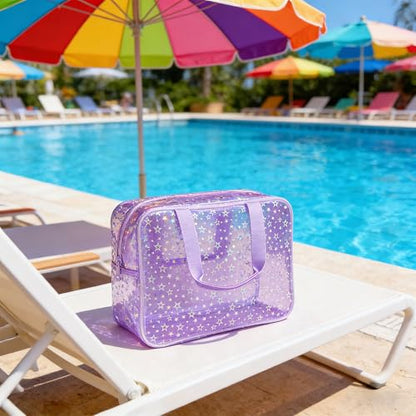 Clear Star Large Cosmetic Bag and Travel Pouch with Handle,Durable Material,Zipper Design-Ideal for Makeup,Travel Essentials (Purple+Shiny Star) - color: Purple+Shiny Star