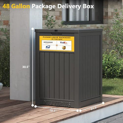 LHBGO Package Delivery Box for Outside, with Delivery Sign 48 Gallon Storage with Lockable Secure, Large Resin Outdoor Package Drop Container - color: Black with Delivery Sign
