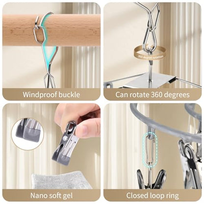 PHYDELU Drying Rack Clothing with 24 Clips，Sock Hanger for Drying，Hanging Clothes Dryer Underwear Hangers Racks Laundry Herb Socks Panty Wet Bra Lingerie Baby Delicates Foldable Small Indoor Metal - color: Light Gray (24 Clips)
