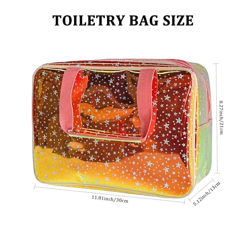 Holographic Brown Clear Star Large Cosmetic Bag and TPU Travel Pouch with Handle,Durable Material,Zipper Design-Ideal for Makeup,Travel Essentials 11.81x5.12x8.27inch (Brown) - color: Red