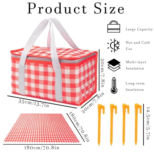 Insulated Picnic Bag with Leakproof Liner Foldable Reusable Cooler Basket Includes Disposable Picnic Mat Sturdy Handle Ideal for Outdoor Activities Travel Beach Camping (Red) - color: Red