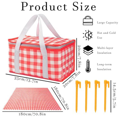 Insulated Picnic Bag with Leakproof Liner Foldable Reusable Cooler Basket Includes Disposable Picnic Mat Sturdy Handle Ideal for Outdoor Activities Travel Beach Camping (Red) - color: Red