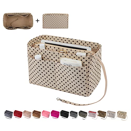 ZTUJO Purse Organizer Insert, Felt Bag Organizer with Metal Zipper, Handbag & Tote Shaper, For Speedy Neverfull Tote, 7 Sizes - color: Brown polka dots Beige, size: Medium