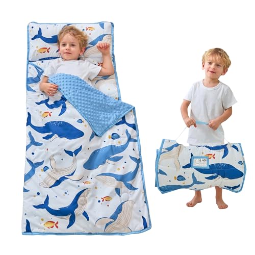 Lasoftan Toddler Nap Mat with Pillow and Blanket, Extra Large Rolled Napping Mats,Slumber Bags for Boys Girls,Kids Sleeping Bag for Daycare, Preschool Travel Camping - color: Ocean Whale