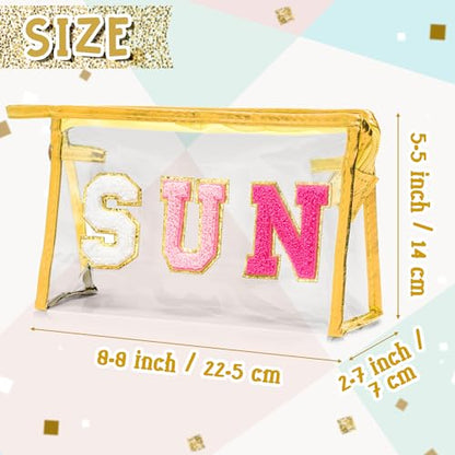 Y1tvei Clear SUN Makeup Bag - Preppy Rose Red SUN Chenille Varsity Letter Cosmetic Bag PVC Transparent Zipper Waterproof Beach Makeup Carry Pouch Portable Travel Toiletry Organizer for Women(Gold) - color: Rose red SUN Gold
