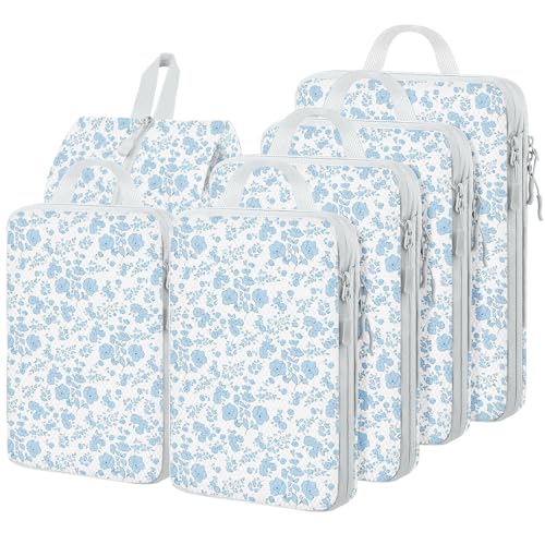 6 Set Compression Packing Cubes, Suitcase Organizer, Lightweight Travel Essentials, Compression Bags For Travel Accessories Luggage Storage Set (6Pcs, Blue floral) - color: Blue floral-6pcs, size: Set of 6