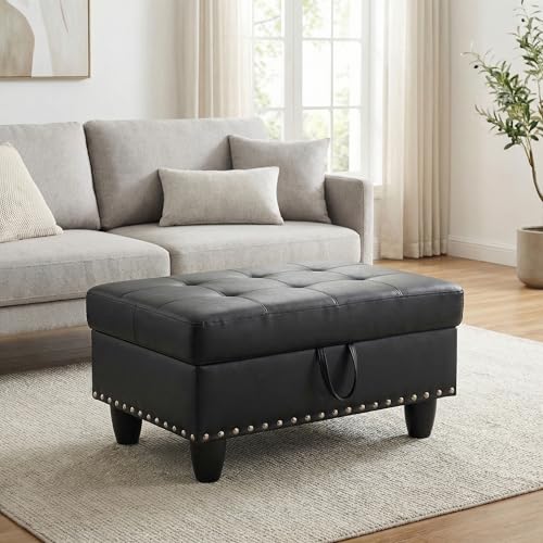 28.5 Inch Storage Ottoman Bench with Hidden Storage, PU Leather Upholstered Foot Rest Stool, Tufted End of Bed Bench for Bedroom Living Room, Easy to Clean, Black - color: Black