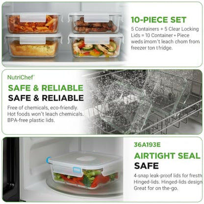 NutriChef 10-Piece Superior Glass Food Storage Containers Set (5 Containers + 5 Locking Lids),Stackable Meal-prep Design, BPA-free Airtight Clear Locking lids with Vent Lids & Air Hole, NCCLX5 - color: Transparent