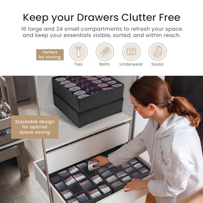 Reli. Sock Organizer (4 Pack) | 16+24 Cell Underwear Organizer | Drawer Dividers for Underwear, Socks, Ties, Belt | Foldable Fabric Storage Bins for Drawer, Closet, Dresser | 11.8 x 11.8 x 3.5 (Gray)