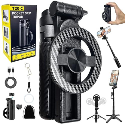 4-in-1 Magnetic Selfie Stick Tripod – 360° Rotation, Bluetooth Remote, Compact Travel Vlog Phone Holder for iPhone - color: Yellow / T20-C