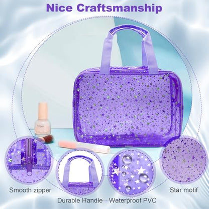 Clear Purple Star Large Makeup Bag with Star Pattern 12x5x8 inch, Travel Cosmetic Bag with Handle, Durable PVC Material Washbag Zipper Opening Design for Makeup Travel Organizer or Gym Use - color: Purple, style: Star