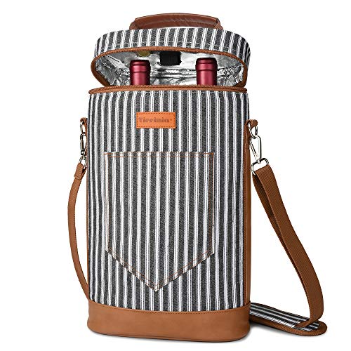 Tirrinia 2 Bottle Wine Gift Tote Carrier - Leakproof & Insulated Padded Versatile Wine Cooler Bag for Travel, BYOB Restaurant, Wine Tasting, Party, Dinner,Gift for Wine Lovers, Black Stripe - color: Black Stripe, size: 2 Bottle-without front pocket