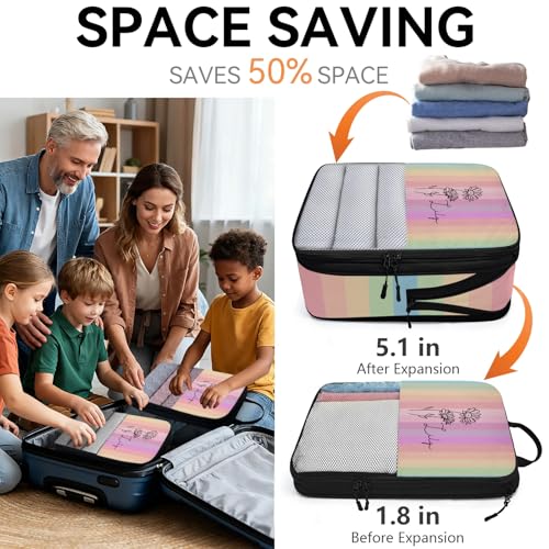 Custom 6 Set Compression Packing Cubes for Travel, Personalized Lightweight Luggage Organizer Bags with Name & Birth Flower, Expandable Large Expandable Packing Organizer, April Gradient - color: Rainbow