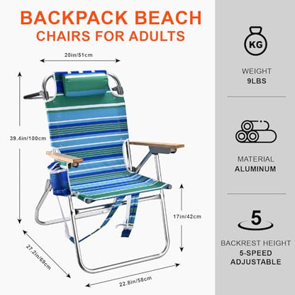 Backpack Beach Chairs for Adults Capacity 300 LBS high 5 Position Beach Chair with Pouch Straps Folding Lightweight Reclining Aluminum Wide Lay Flat Single - color: 17in Wood Green Stripe 1 Pack