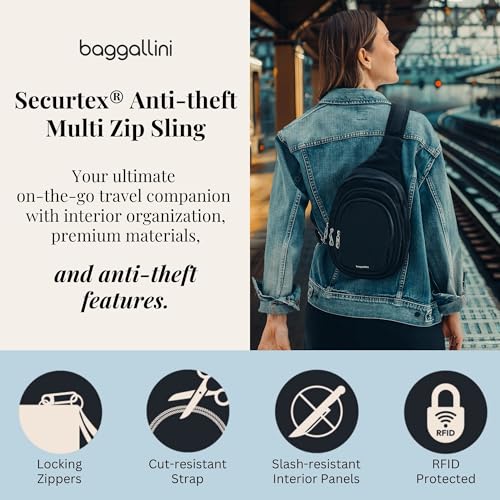Baggallini Securtex® Anti-Theft Multi Zip Sling - Lightweight 8.6"x15.2" Travel Bag with Locking Zippers & RFID Protection - color: Midnight Blossom