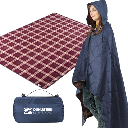 DUKUSEEK Hooded Outdoor Blanket, Extra Large 79" x 59" Waterproof Camping Blanket, Quilted, Thick Fleece, Warm, Windproof, Sand Proof, Portable and Wear-Resistant, Perfect for Stadium, Picnic - color: Navy Blue Outer With Red Plaid Fleece