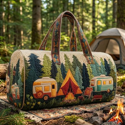 Hippie Van Quilted Duffle Bag Weekender Travel Bag Carry-On Luggage for Overnight Trips Boho Hippie Journey Duffel Bag Gym Yoga Tote (Style 4, Large (18" L x 9" W x 9" H))