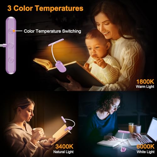 Gritin Rechargeable Book Light for Reading in Bed with 19 LED &Memory Function-Eye Caring 3 Color Temperatures,5 Brightness Levels,90 Hrs Runtime Flexible Goose Neck Clip on Light-Purple - color: Purple