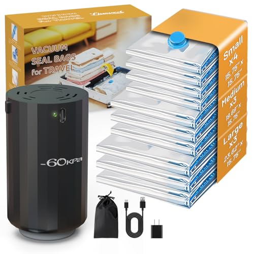 10 Vacuum Bags for Travel with High Pressure (-60KPa, 8.5L/min) Electric Pump - Vacuum Seal Packing Bags for Clothing Travel, Space Saver Suction Storage Bags for Luggage and Carry-On Suitcase - size: 10 Combo-E PUMP