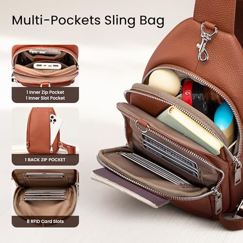 befen Genuine Leather Small Sling Bag for Women Anti-Theft Crossbody Chest Bags Multi-Pockets Fanny Pack with RFID Card Slots - color: Cognac Brown