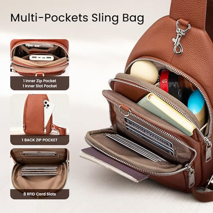 befen Genuine Leather Small Sling Bag for Women Anti-Theft Crossbody Chest Bags Multi-Pockets Fanny Pack with RFID Card Slots - color: Cognac Brown