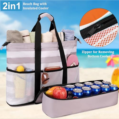 JIANYA Beach Bag Women Waterproof Sandproof Beach Tote Bags with Cooler Top Zipper Large Totes for Pool Travel Daily - color: Shallow Coffee Stripes