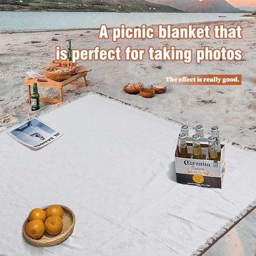 2-in-1 White Picnic Blanket, Extra-Large Waterproof Picnic Mat,Outdoor Blanket for Camping, Beach, Park,Portable Double-Layer Design (71"x71",T-Grid) - color: White-t-gird
