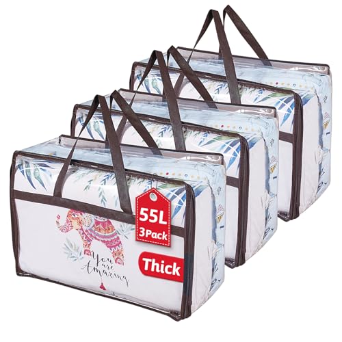 Clear Storage Bags 55L, Heavy Duty PVC Vinyl Organizer with Black Trim & Reinforced Handles, Waterproof Moistureproof Blanket Bag for Clothes, Comforter, Bedding, Moving, 3 Pack - color: Brown Trim