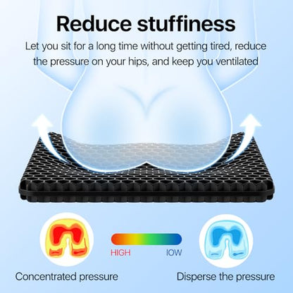 Gel Seat Cushion, Cooling Thick Big Breathable Honeycomb Design Absorbs Pressure Points Seat Cushion with Non-Slip Cover for Office Chair Home Cars Wheelchair - color: Black