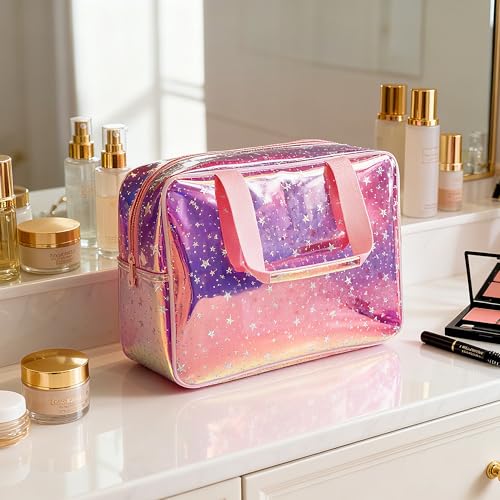 TPU Holographic Pink Star Large Cosmetic Bag 12x5x8 inch Travel Pouch with Handle,Durable Material,Zipper Design-Ideal for Makeup,Travel Essentials (9593-8) - color: Pink 9593-8