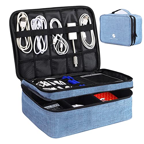 Travel Electronics Organizer, Waterproof Cable Organizer Bag for Electronic Accessories Double Layer Large Shockproof Cable Storage Bag for Cord, Power Bank, Tablet(Up to iPad 11 inch) - Denim blue - color: Denim blue